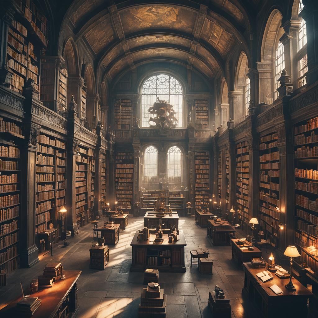 Infinite Ancient Library Overlooking Fantasy City
