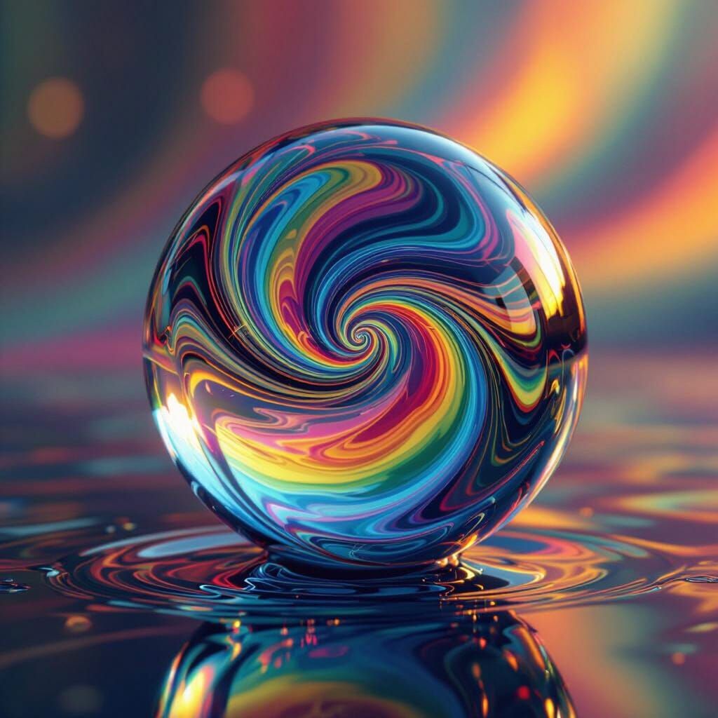 Close up shot. A glass ball contains a swirling oil slick re...