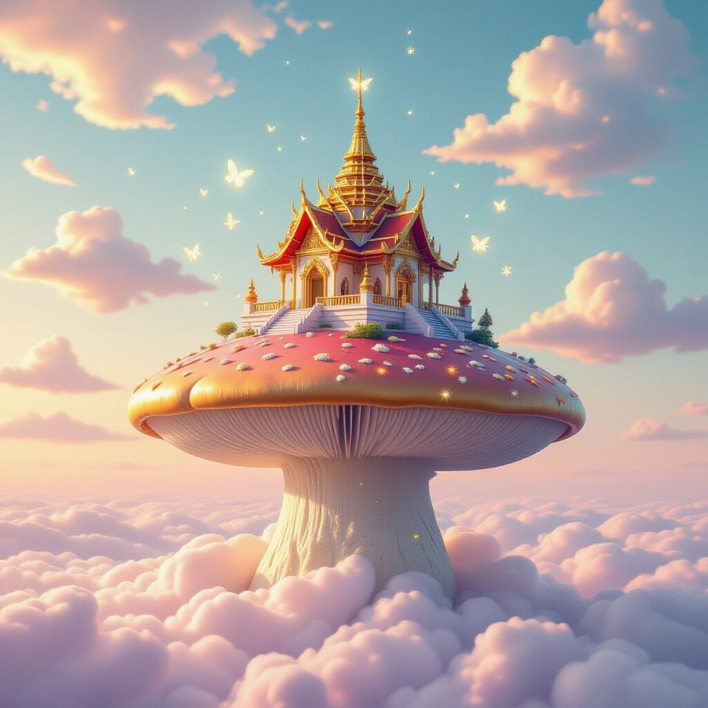 Ornate Temple on Floating Mushroom in Pastel Sky