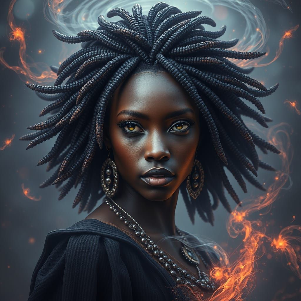 Regal Black Witch with Corn Weave Hair in Mystical Settings