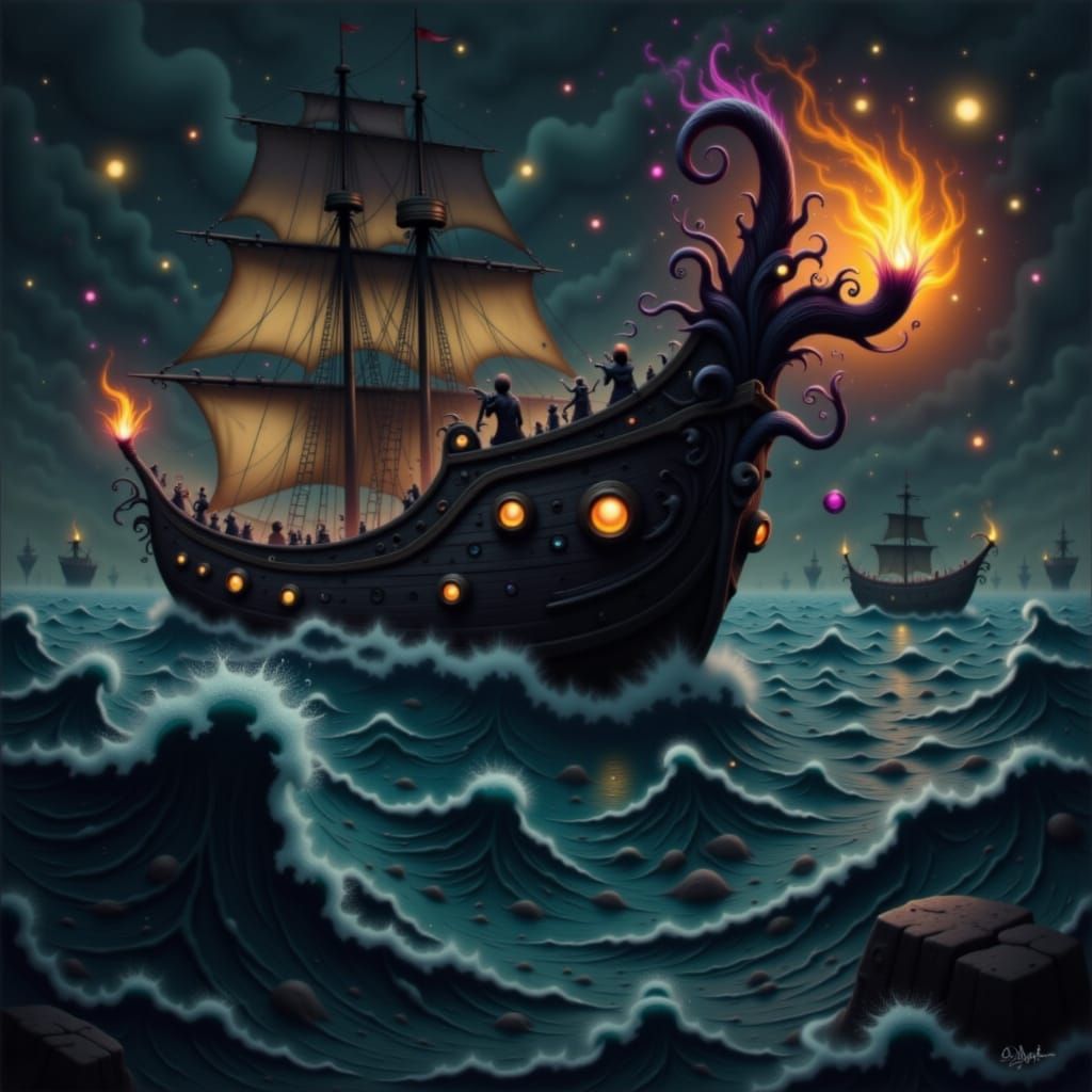 Mystical Vessel Navigates Treacherous Dark Fantasy Waters