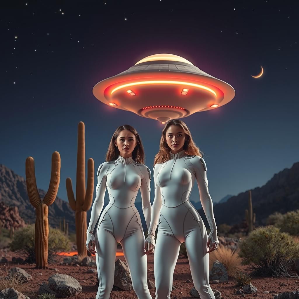UFO Encounter with Women in Sci-Fi Desert Landscape
