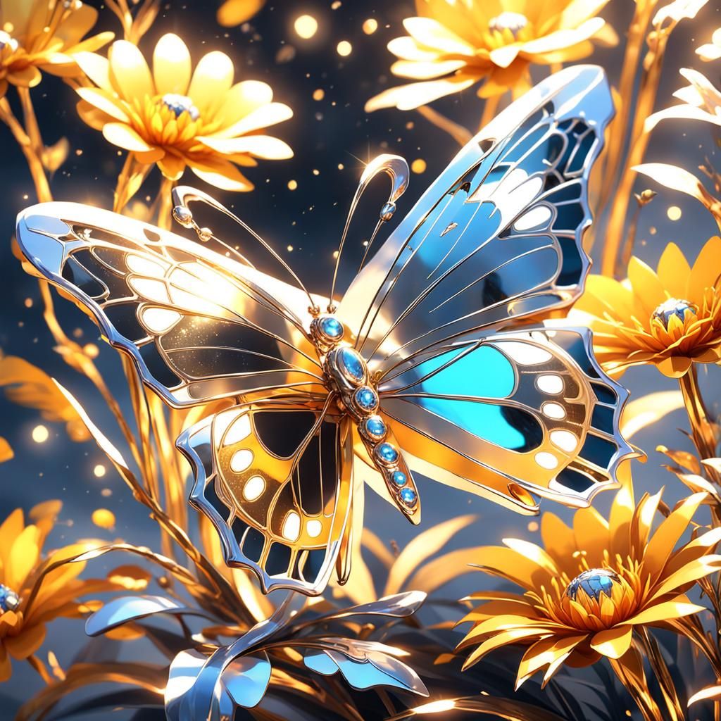 Radiant Silver Butterfly and Golden Flower in Anime Style