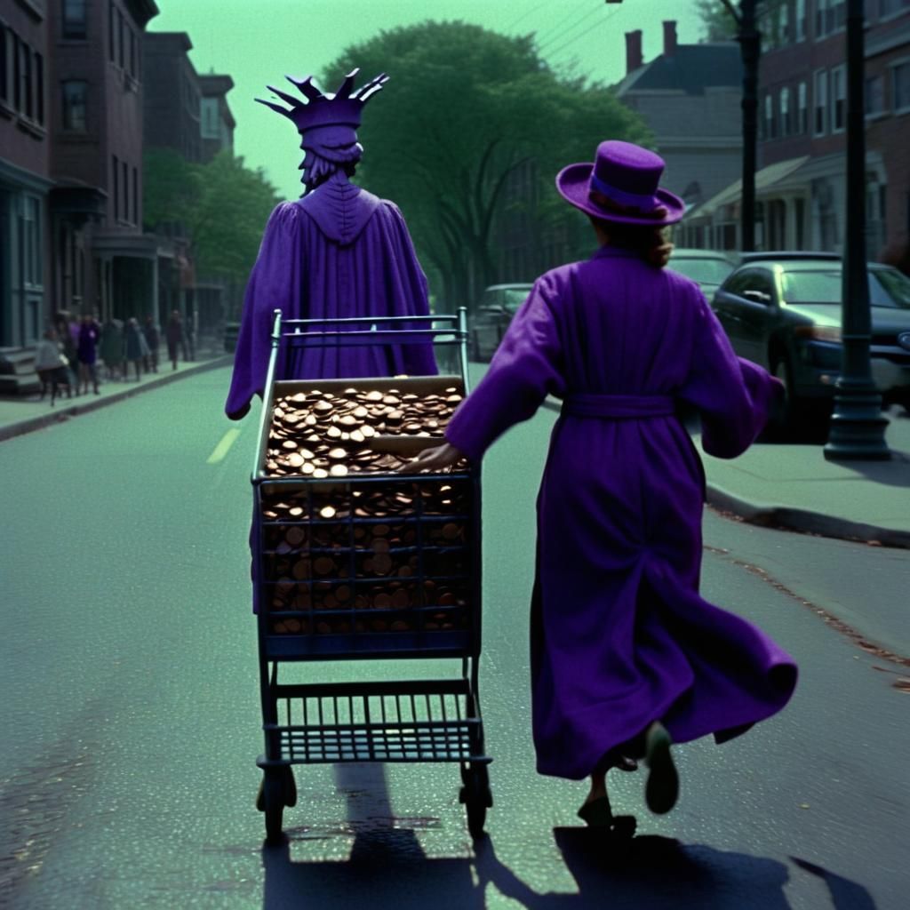 Woman in Purple Robe Runs with Penny Cart