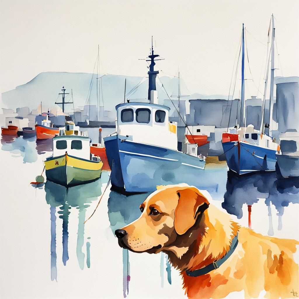 Old Dog at Harbour in Minimalist Watercolor Style