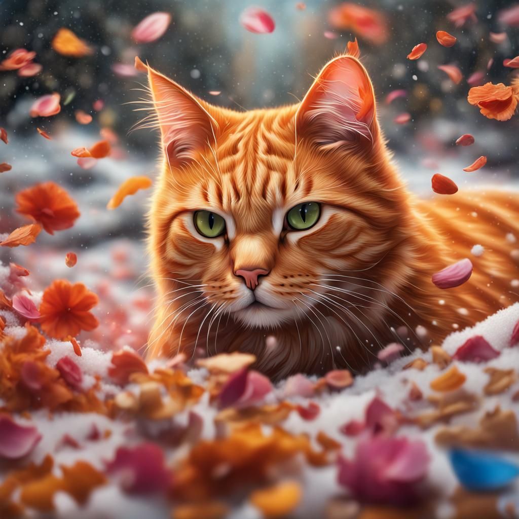 Mysterious Ginger Cat in Snow with Flowers