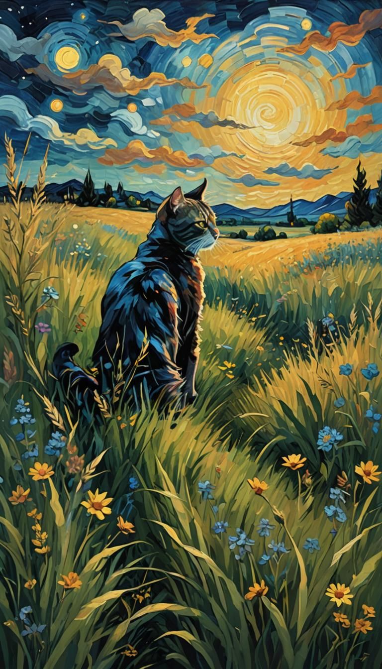 Cat in Moonlit Field, in Van Gogh Style