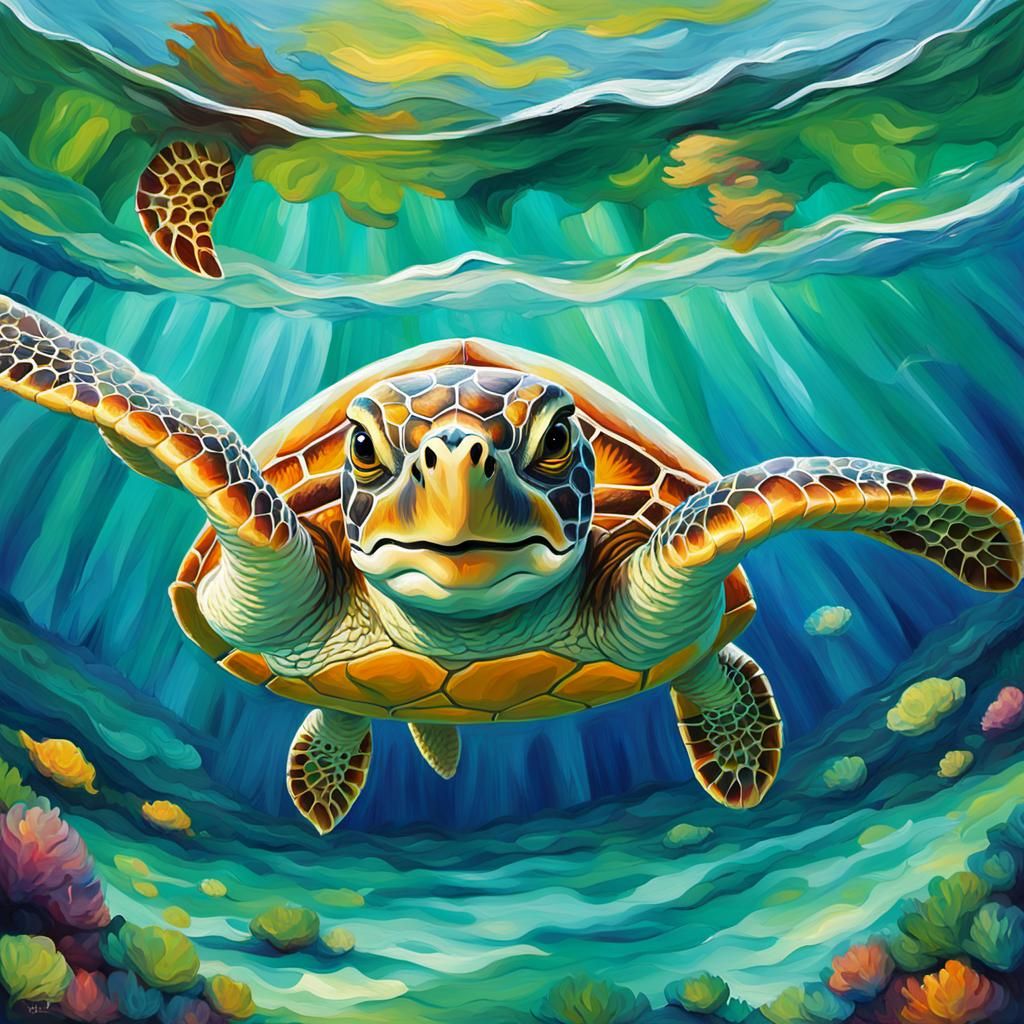 Adorable Sea Turtle in Expressionist Impasto Style