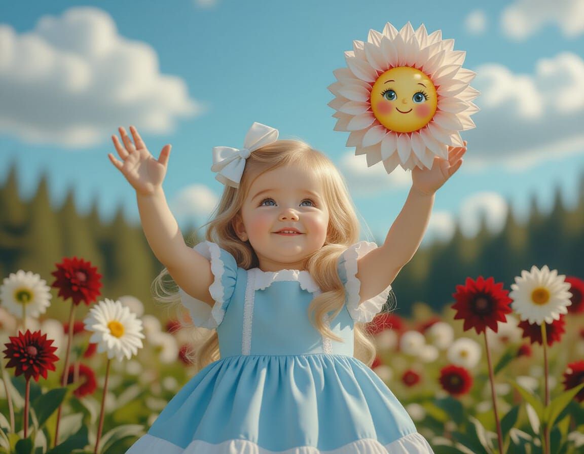 Girl Holds Smiling Sun in Dahlia Field, Hyperrealistic Style
