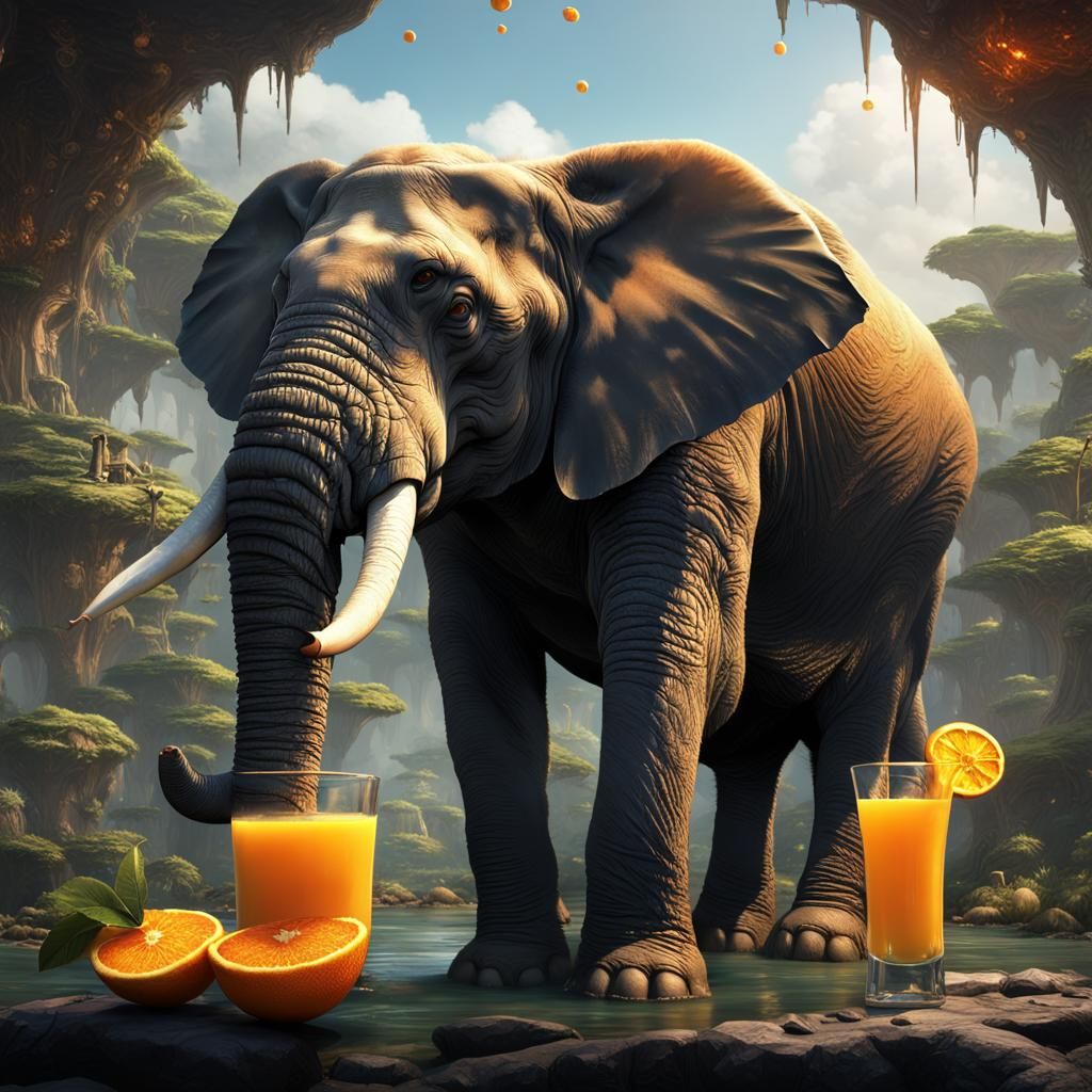 Elephant Enjoys Orange Juice: Detailed Matte Painting