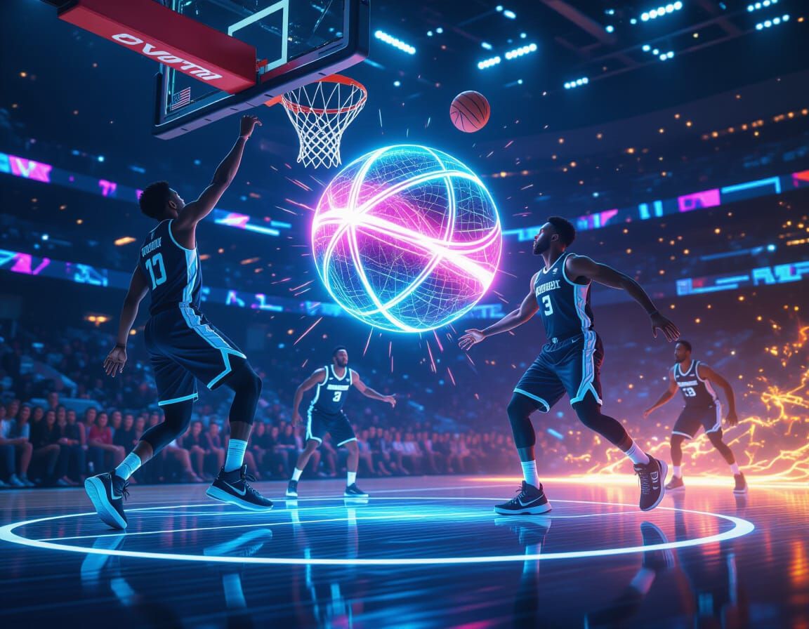 Futuristic Basketball Players on Holographic Court