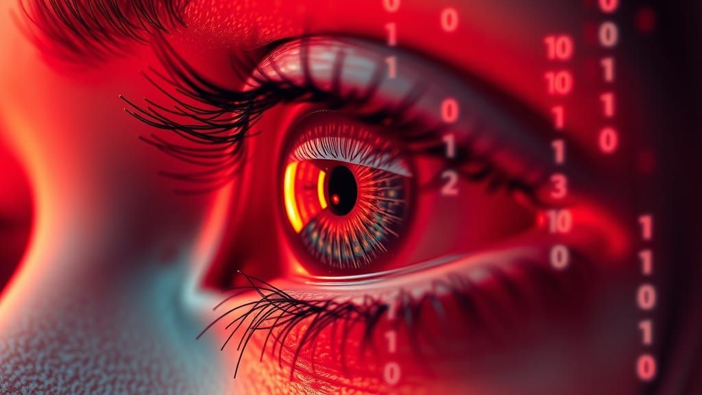 Matrix-Style Eye Reflecting Binary Code in Neon Red