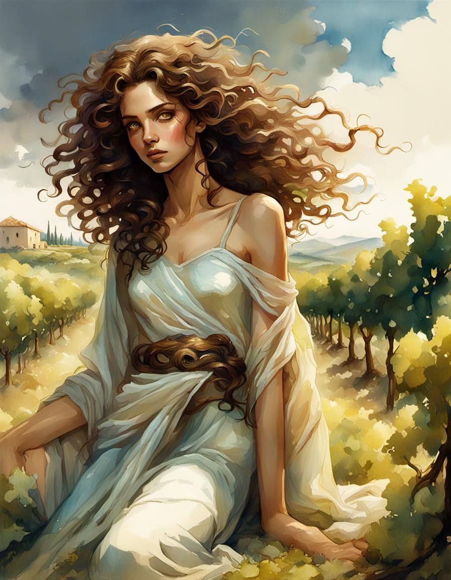 Greek Woman in Vineyard: DreamWorks Animation Watercolor