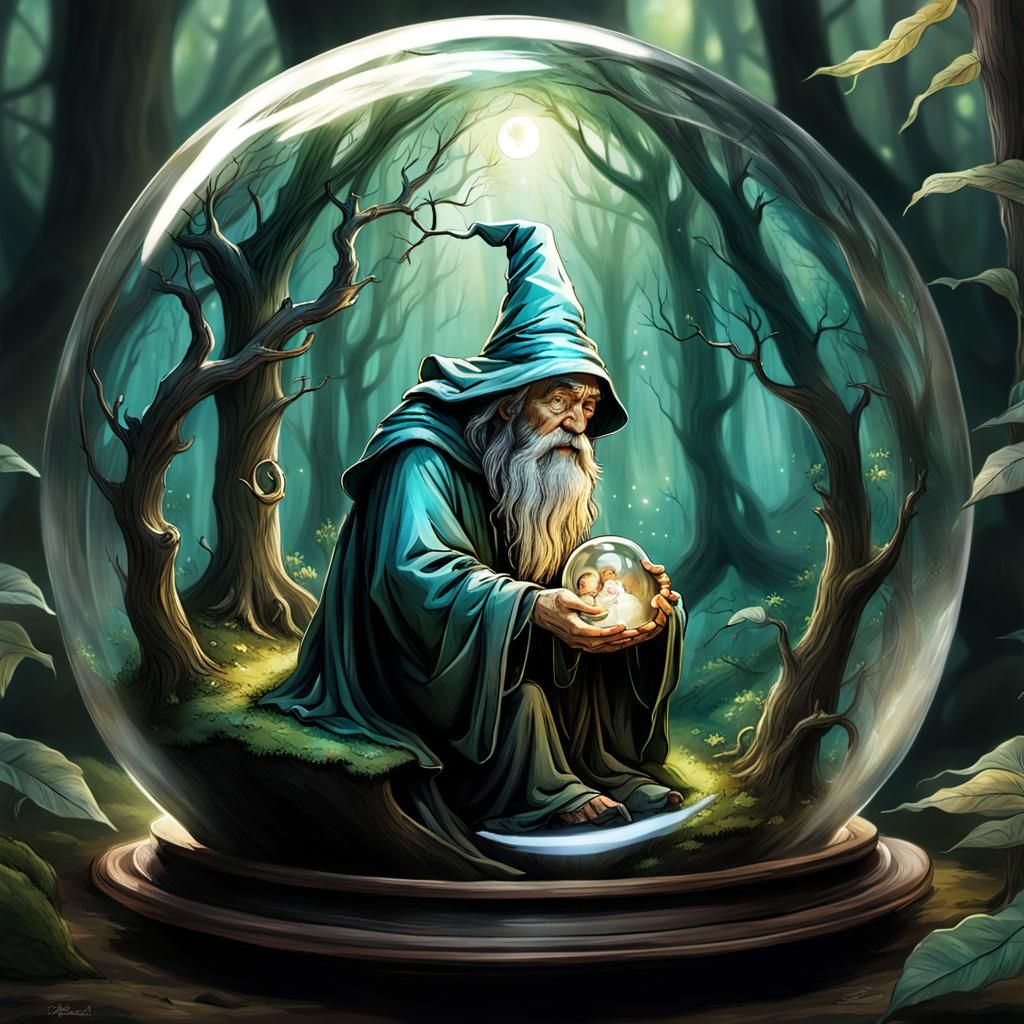 Wizard, Baby, and Magical Forest in Fairy Art Style