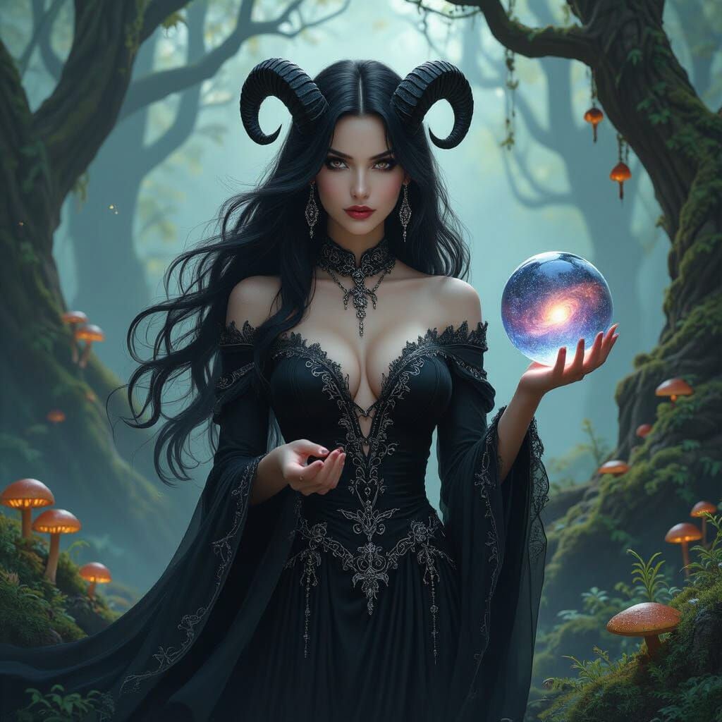 A gothic sorceress with long, flowing black hair and curved onyx horns stands in a hidden grove, surrounded by ancient t...