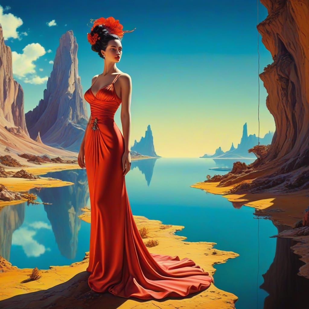 Surreal Landscape with Elegant Figures in Vibrant Colors
