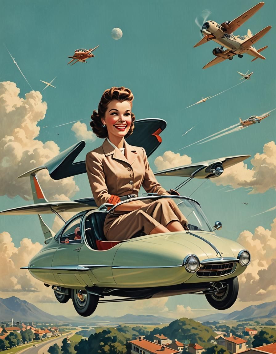 1950s Housewife in Flying Car: Retrofuturism Concept