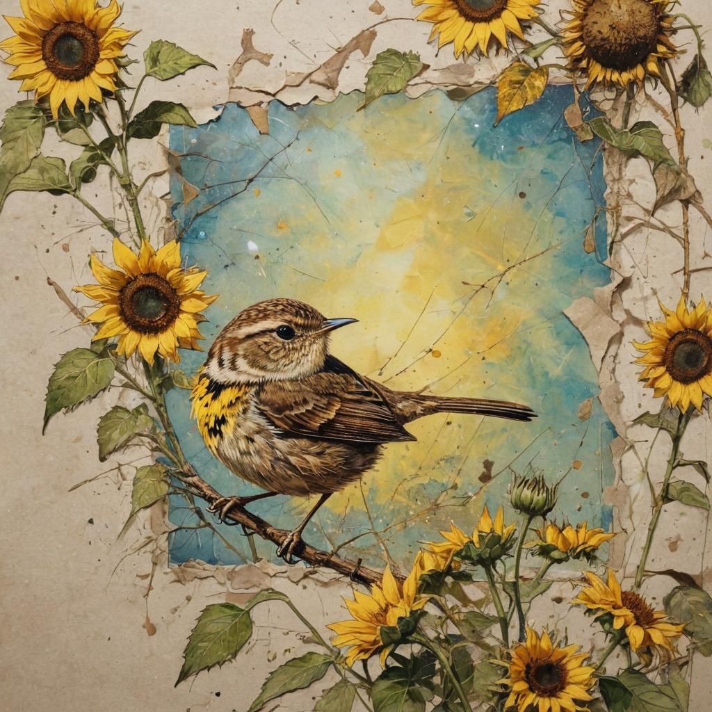Wren and sunflowers