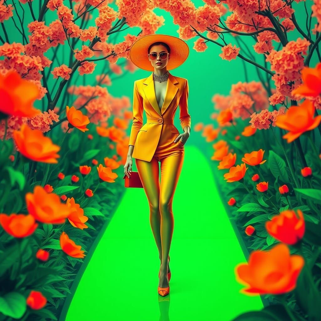 Neon Fashionista on Blooming Path in Digital Pop Art
