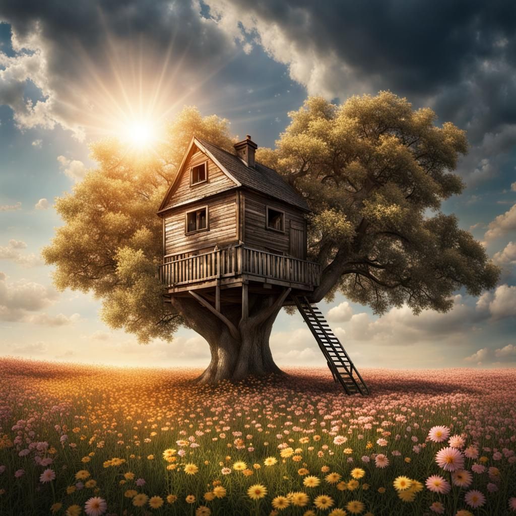 Sunlit Flower Field with Treehouse, Hyperrealistic Image