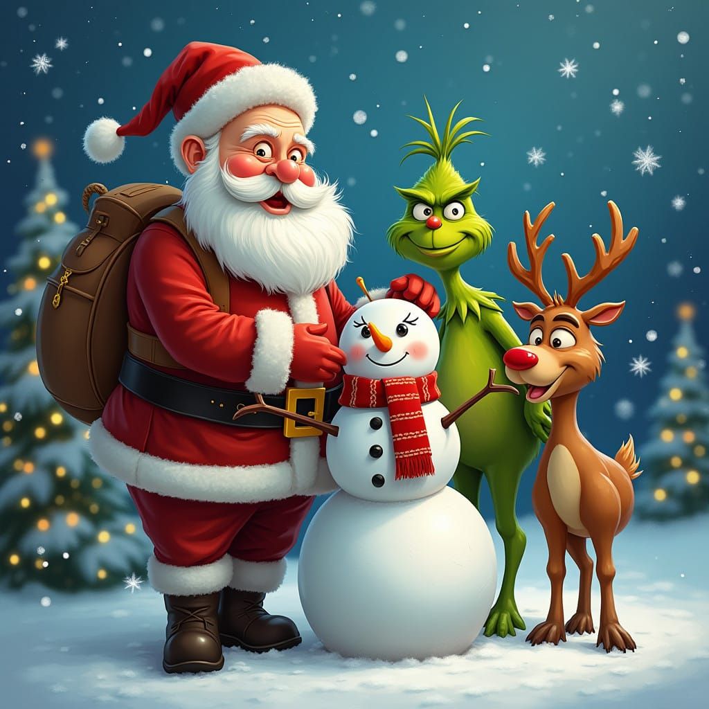 Festive Christmas Scene with Santa Claus, Frosty, Grinch and...