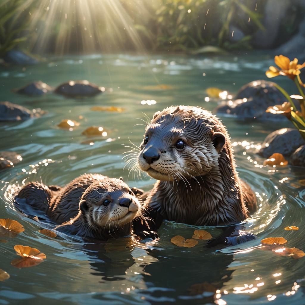 Adorable Otter Cub Playtime: Hyperrealistic Splash Art