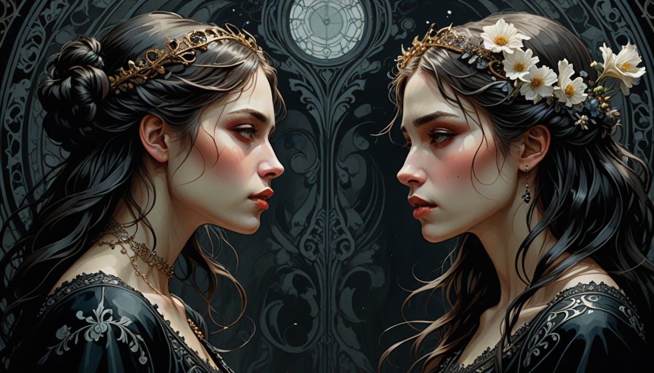 Art Nouveau Illustration of Two Girls