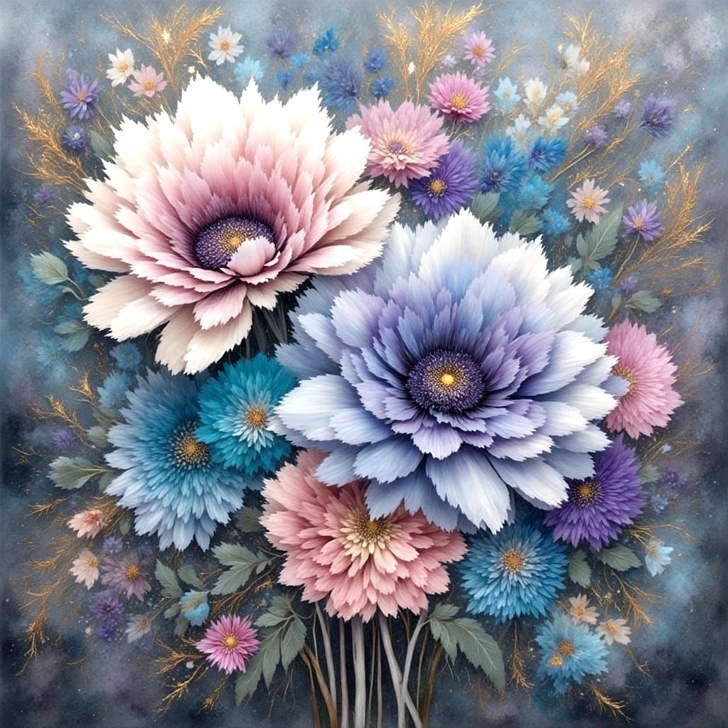 Floral Still Life on Marble with Golden Streaks