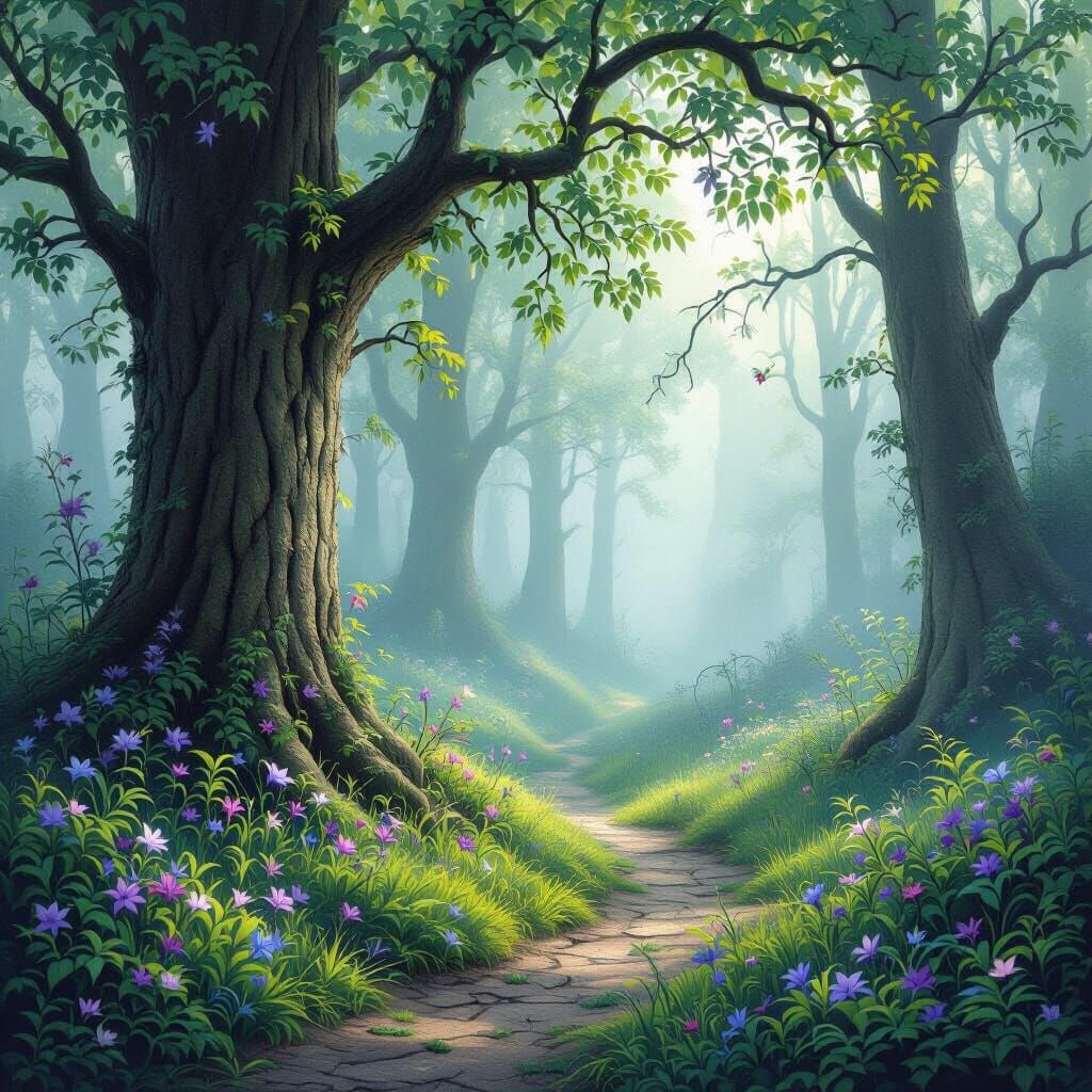 Enchanted Forest with Mist, in Ethereal Style
