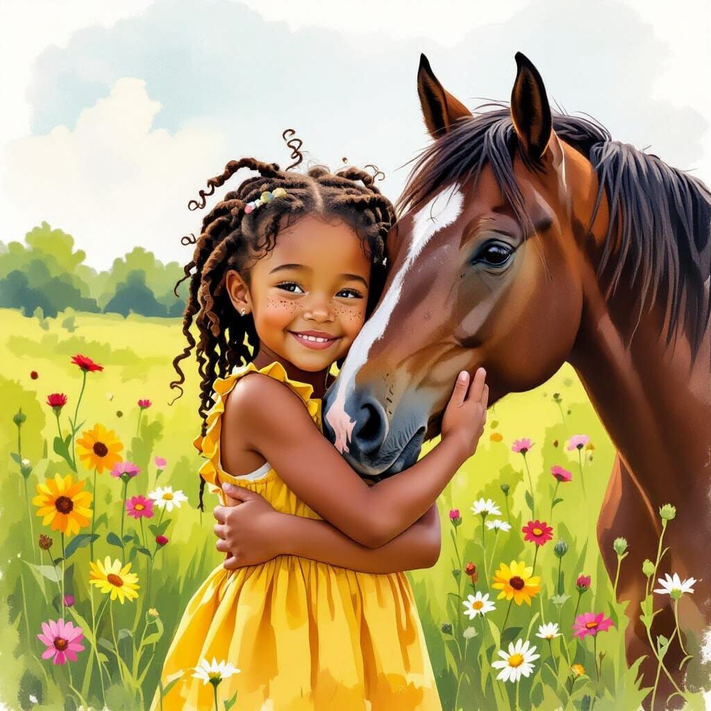 Girl Hugging Horse in Watercolor Painting Style