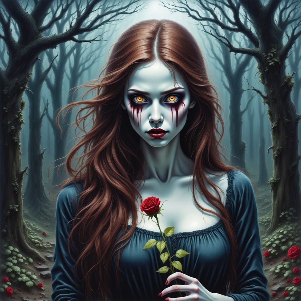 Terrified Woman in Dark Forest with Flower