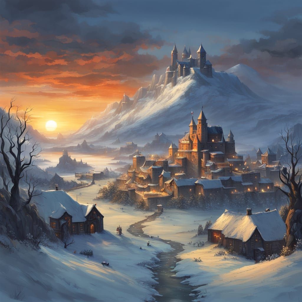 Icewind Dale Castle and Village at Sunset