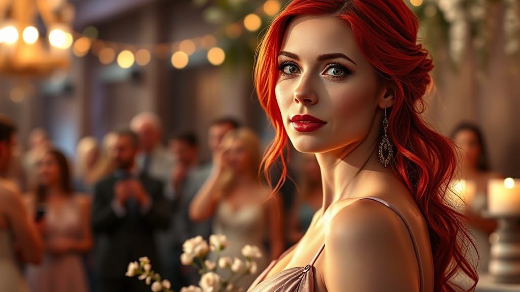Elegant Woman in Red Hair at Wedding Celebration