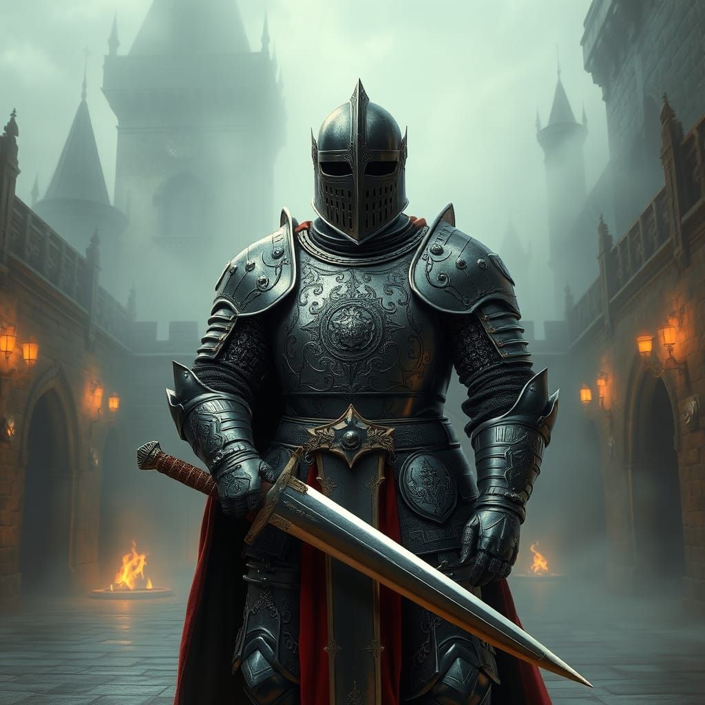 Armored Knight in Medieval Castle, Fantasy Art