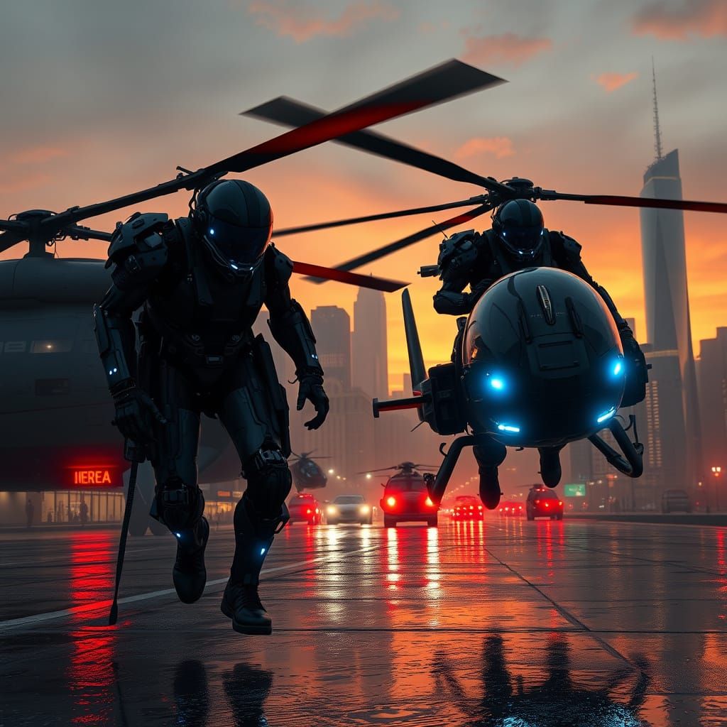 Cyborg Helicopter Pilots in Futuristic Dystopian Cityscape