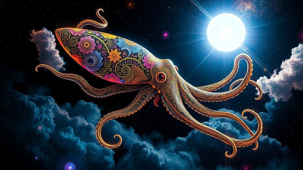 Bioluminescent Squid in Fractal Nebula Galaxy