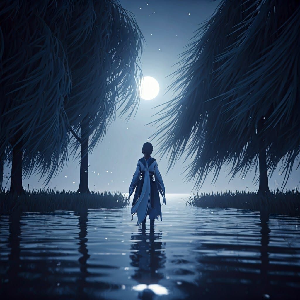 Moonlit Contemplation: Ethereal Figure by Serene Lake