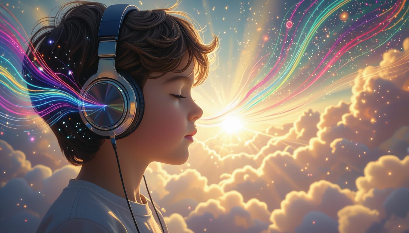 Boy in Headphones with Magical Sound Waves in Cinematic Fant...