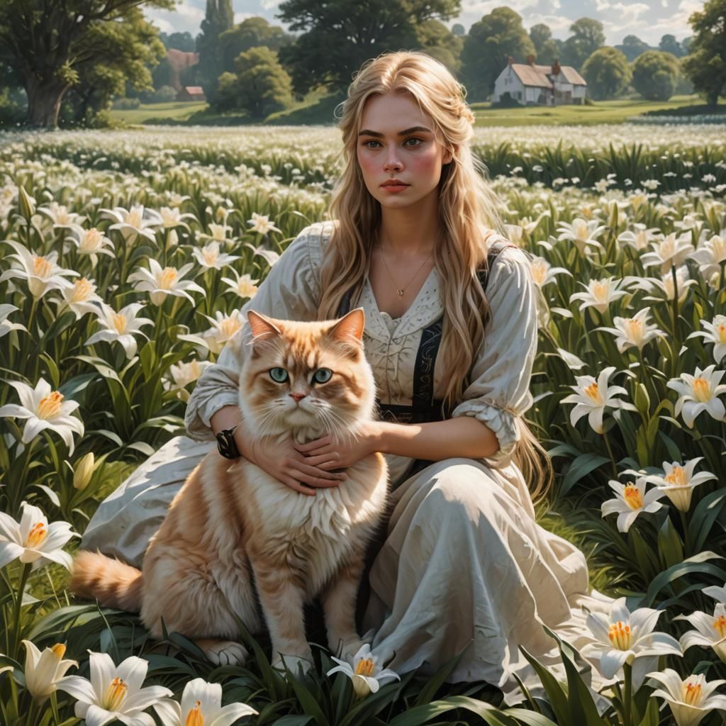 Girl with Cat in Lily Field, Detailed Digital Art