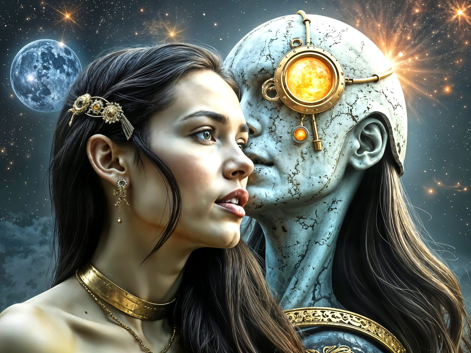 Cyborg Mercury Abducts Psyche in Celestialpunk Space Odyssey