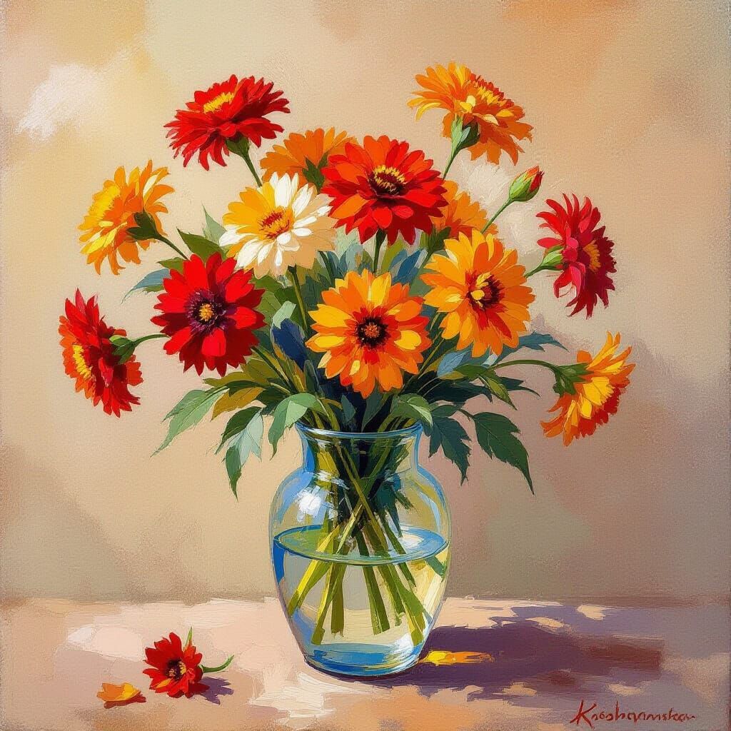 Impressionist Marigolds Still Life in Vase