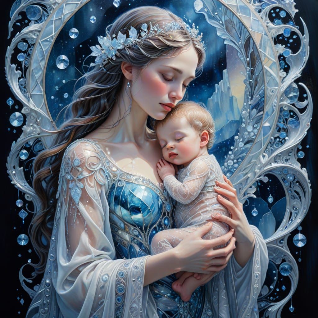 Ice Mother and Child in Luminous Stained Glass Style