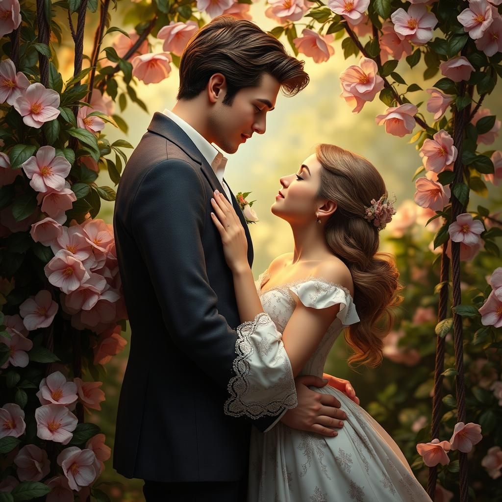 Romantic Embrace in Lush Garden: Rococo Style