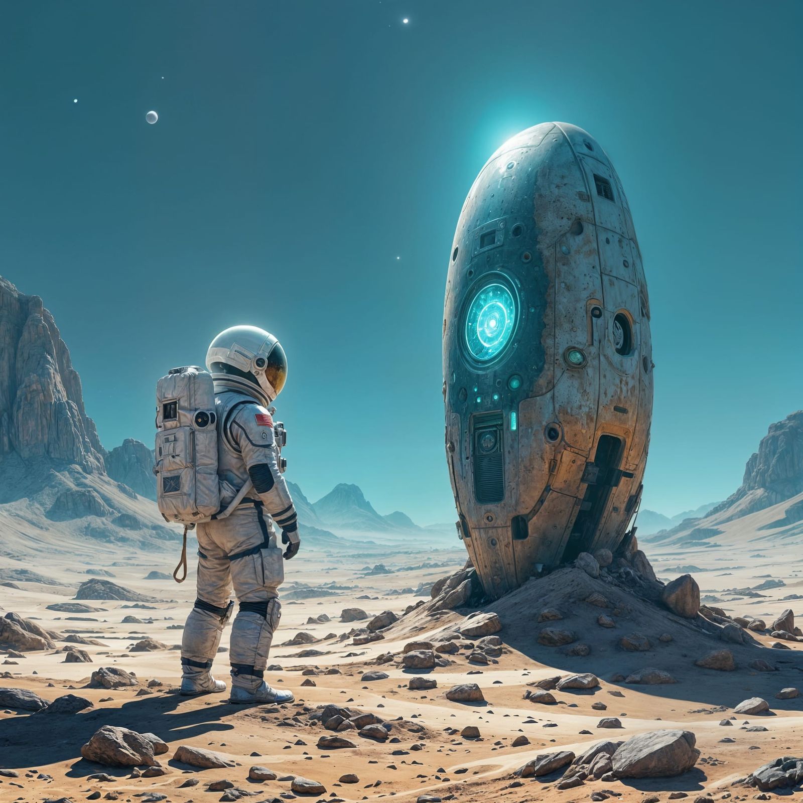 Astronaut and Alien Artifact in Surreal Landscape