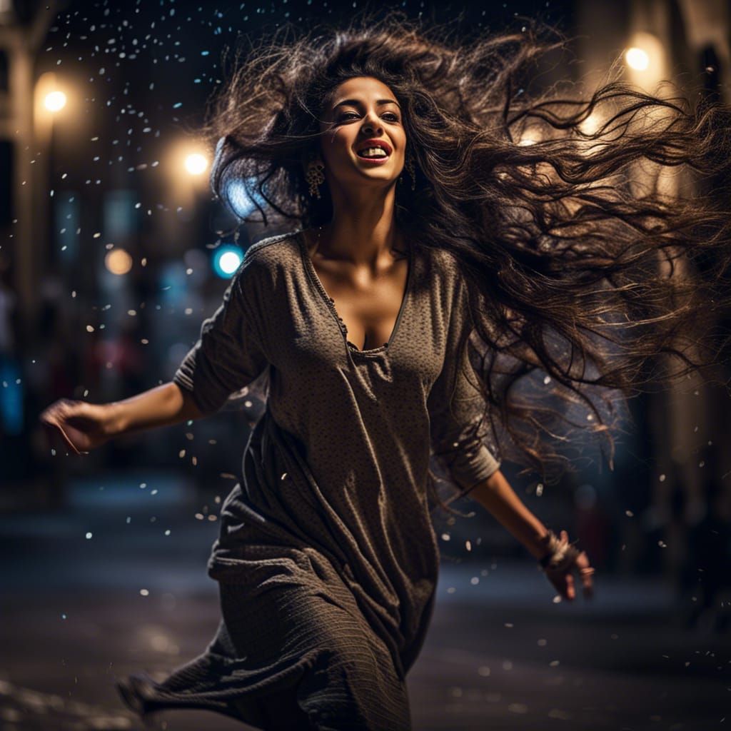 Arabic Woman Dancing at Night in Hyperrealistic Style