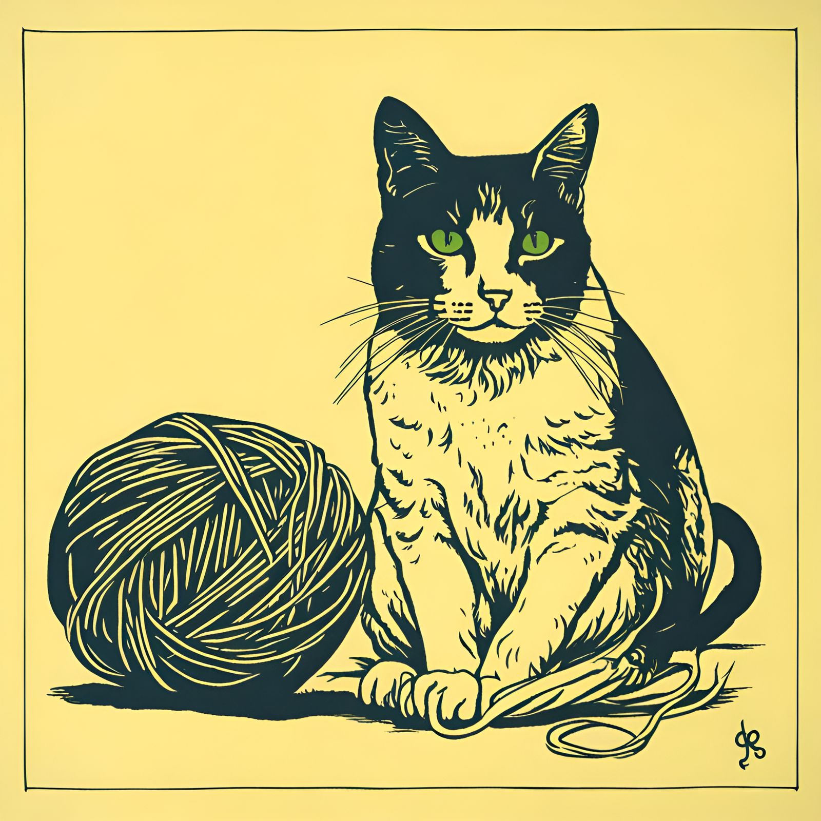 Playful Cat with Yarn in Screen Print Style