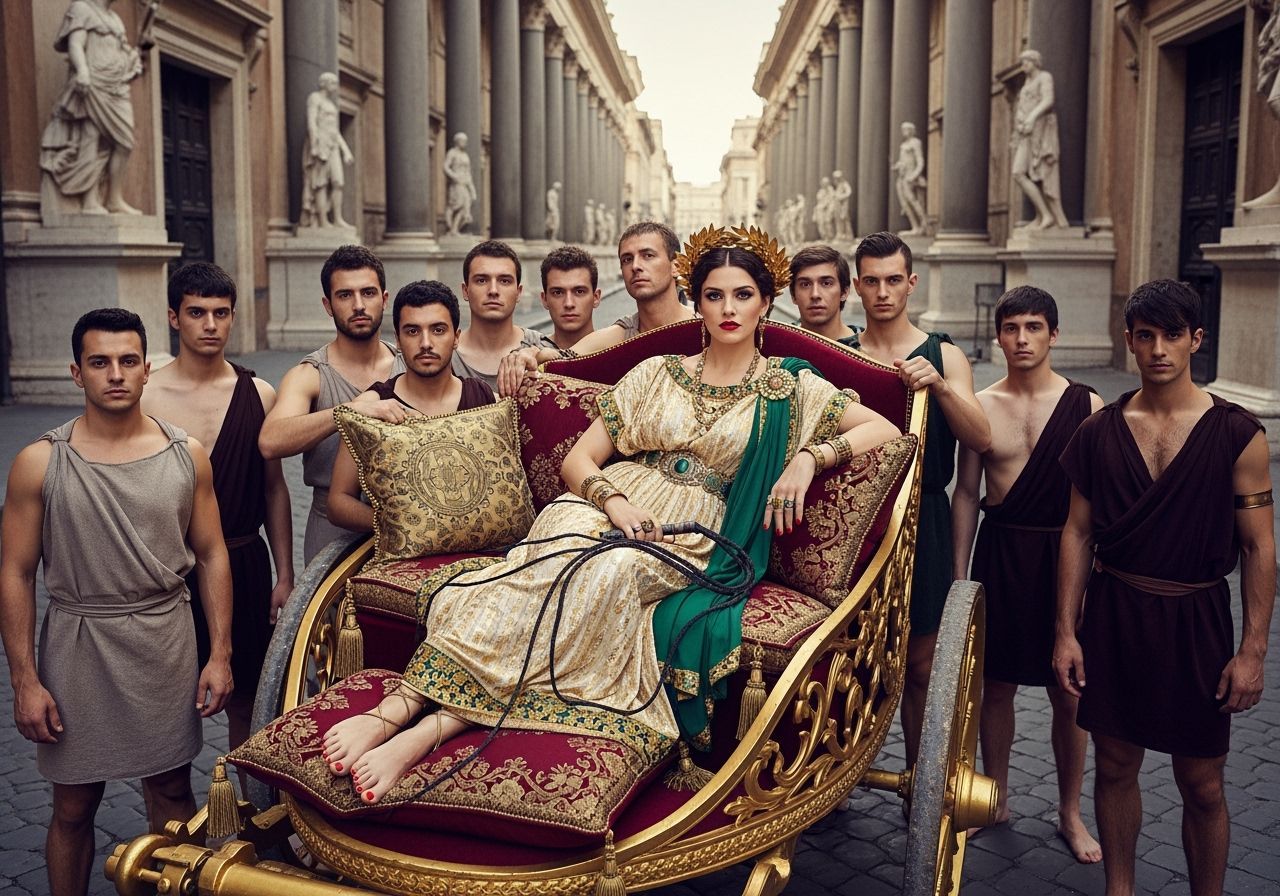 Roman Empress in Gold Chariot: Lavish Classical Photo