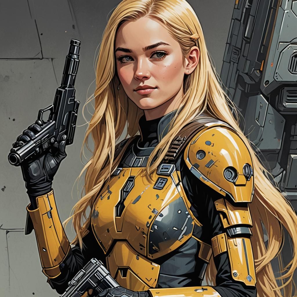 Sci-Fi Girl in Mandalorian Armor, Comic Book Style