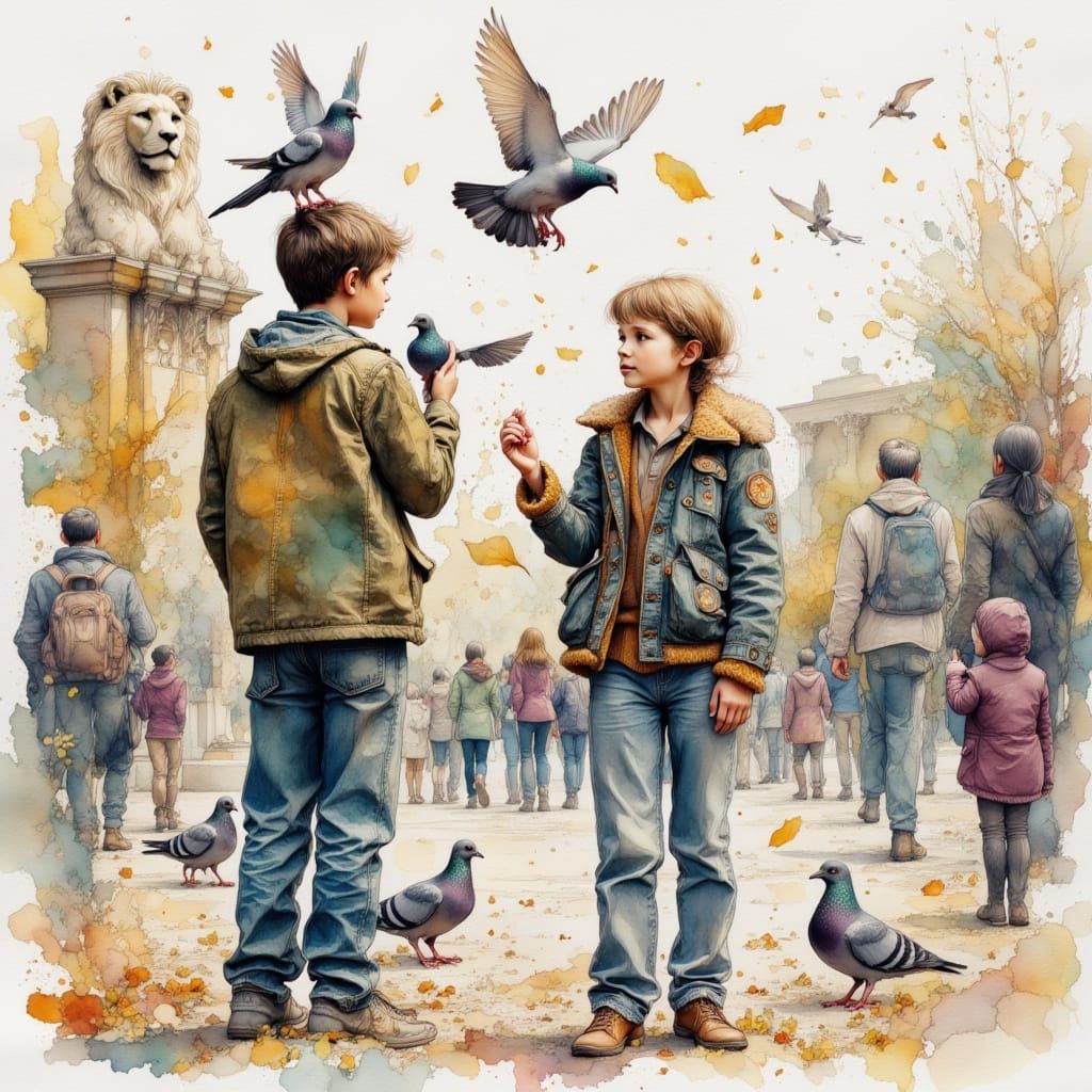 Siblings Feeding Pigeons in Trafalgar Square Watercolour Sty...