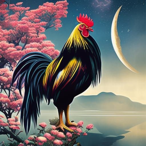 Rooster in Starry Night, Dark Fantasy Art